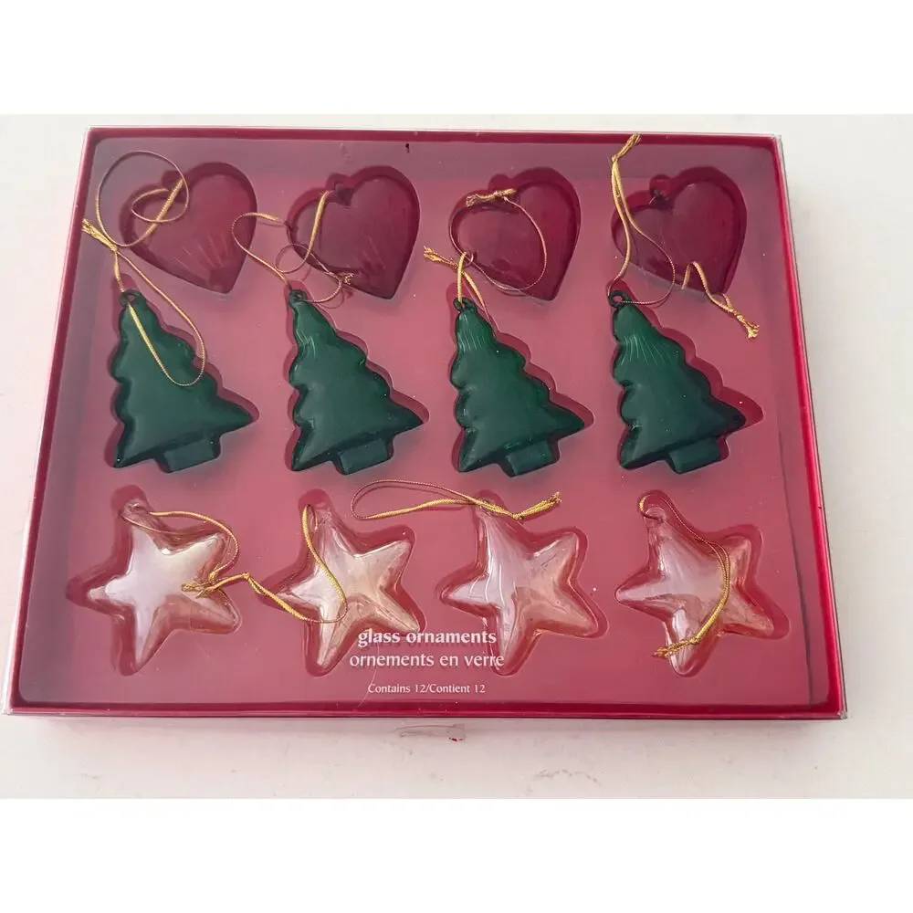 Vintage Pier 1 Glass Christmas Ornaments Set of 12, Hearts Trees and Stars, NIB